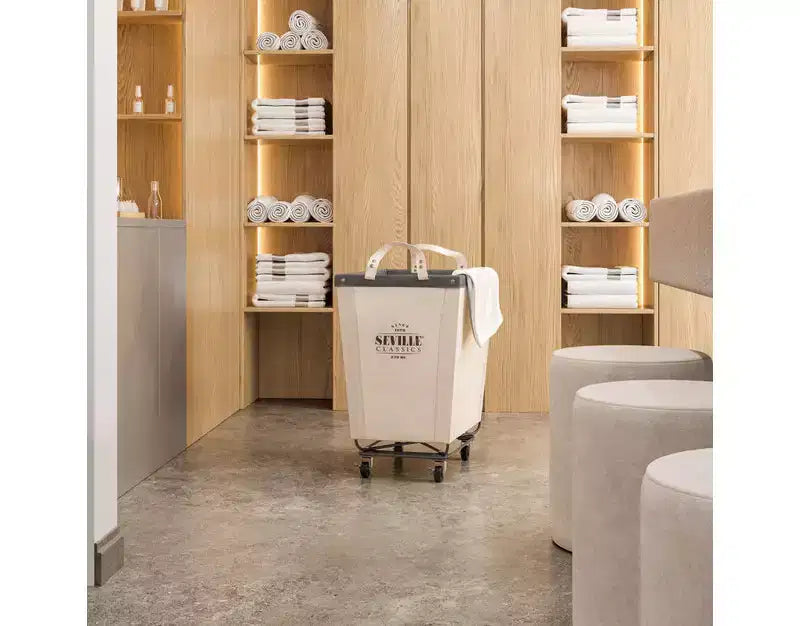 Cesto portabiancheria commerciale pieghevole in tela con ruote – Capacità 36 kg, ruote con blocco | Bianco naturale