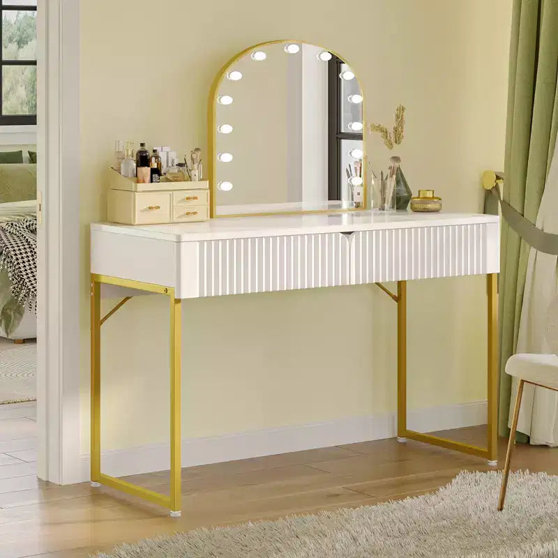 Tavolo da Trucco/Scrivania da Computer Scanalato da 119 cm – Bianco e Oro con 2 Cassetti