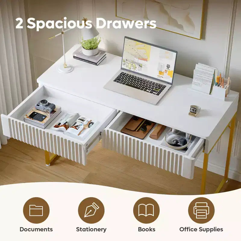Tavolo da Trucco/Scrivania da Computer Scanalato da 119 cm – Bianco e Oro con 2 Cassetti
