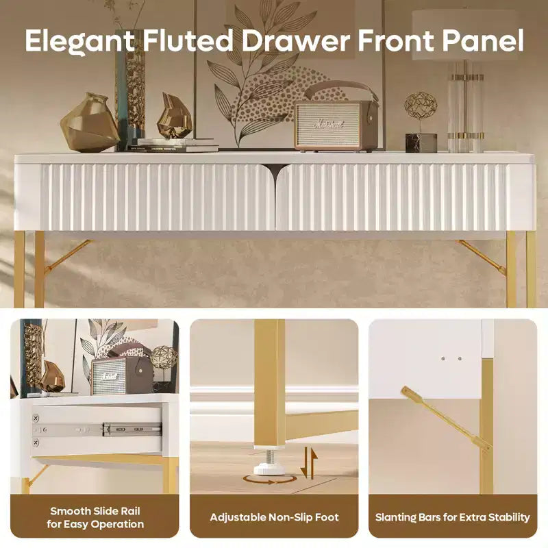 Tavolo da Trucco/Scrivania da Computer Scanalato da 119 cm – Bianco e Oro con 2 Cassetti