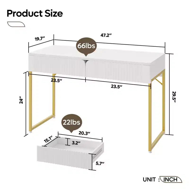 Tavolo da Trucco/Scrivania da Computer Scanalato da 119 cm – Bianco e Oro con 2 Cassetti