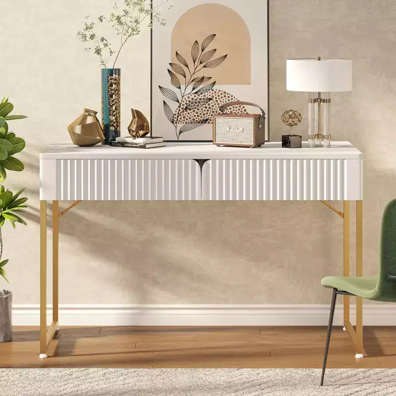 Tavolo da Trucco/Scrivania da Computer Scanalato da 119 cm – Bianco e Oro con 2 Cassetti