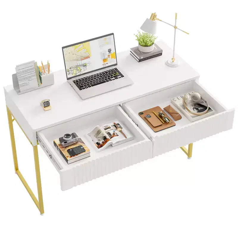 Tavolo da Trucco/Scrivania da Computer Scanalato da 119 cm – Bianco e Oro con 2 Cassetti