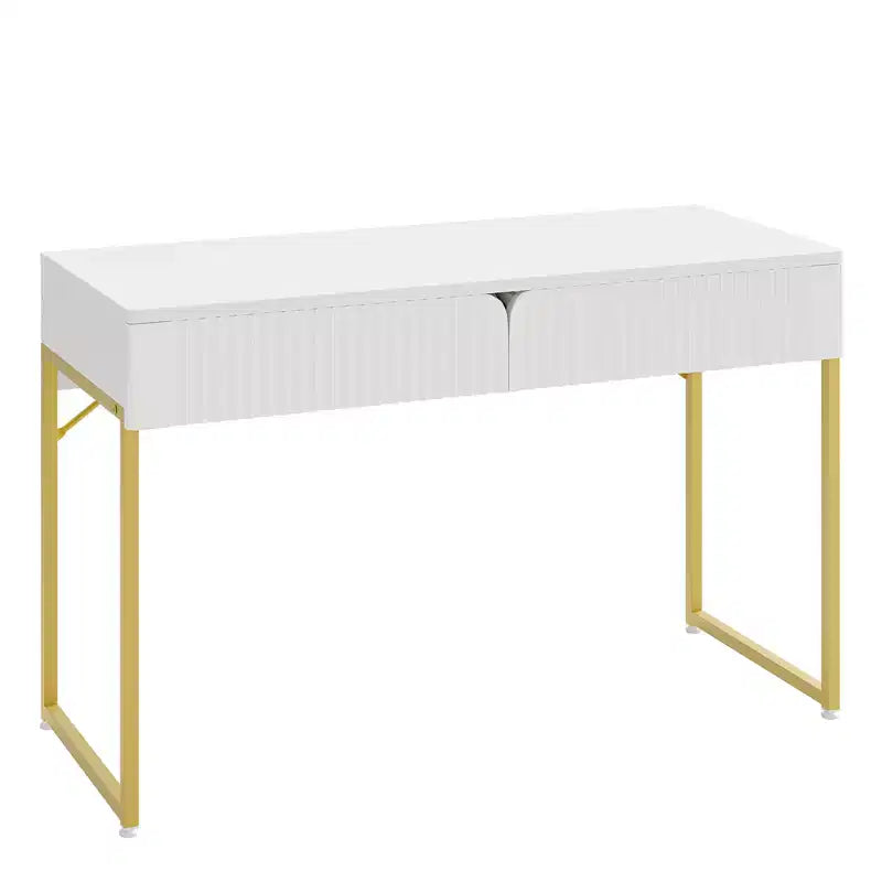 Tavolo da Trucco/Scrivania da Computer Scanalato da 119 cm – Bianco e Oro con 2 Cassetti