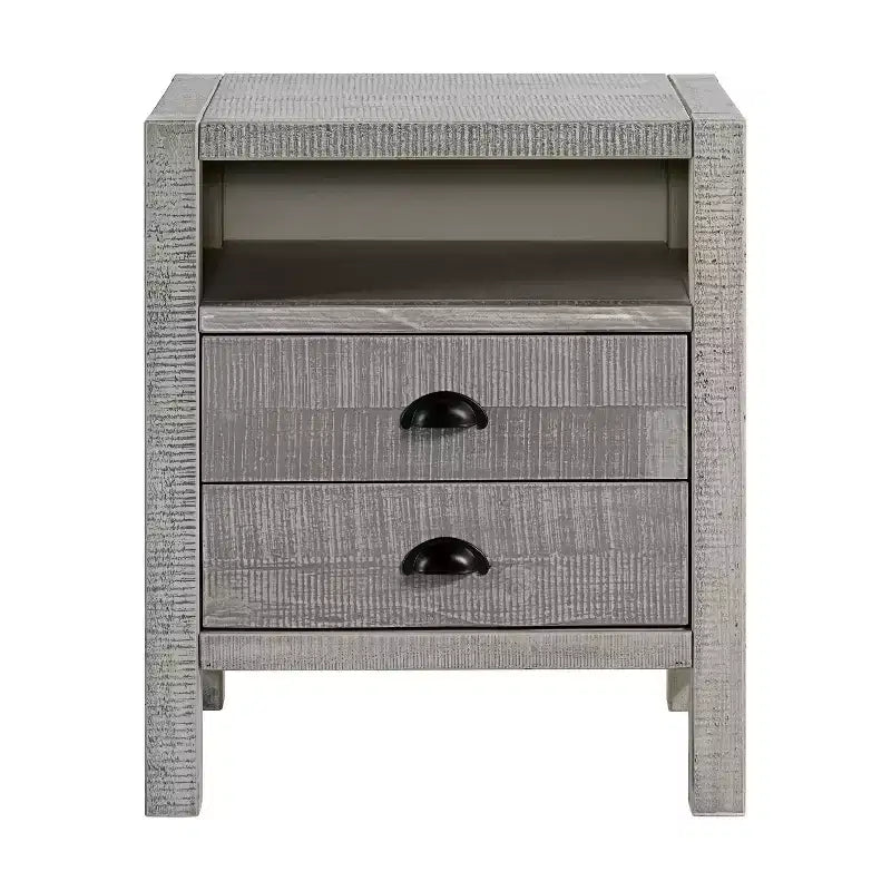 Comodino in legno con 2 cassetti e ripiano aperto in stile Modern Farmhouse - Comodino rustico anticato