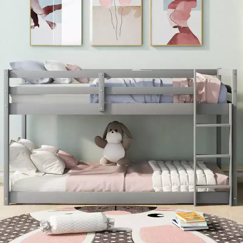 Letto a Castello in Legno Massello, da Terra, con Scaletta e Sponde di Sicurezza per Ragazzi Adulti, Telaio Basso, Mobili per Camera da Letto
