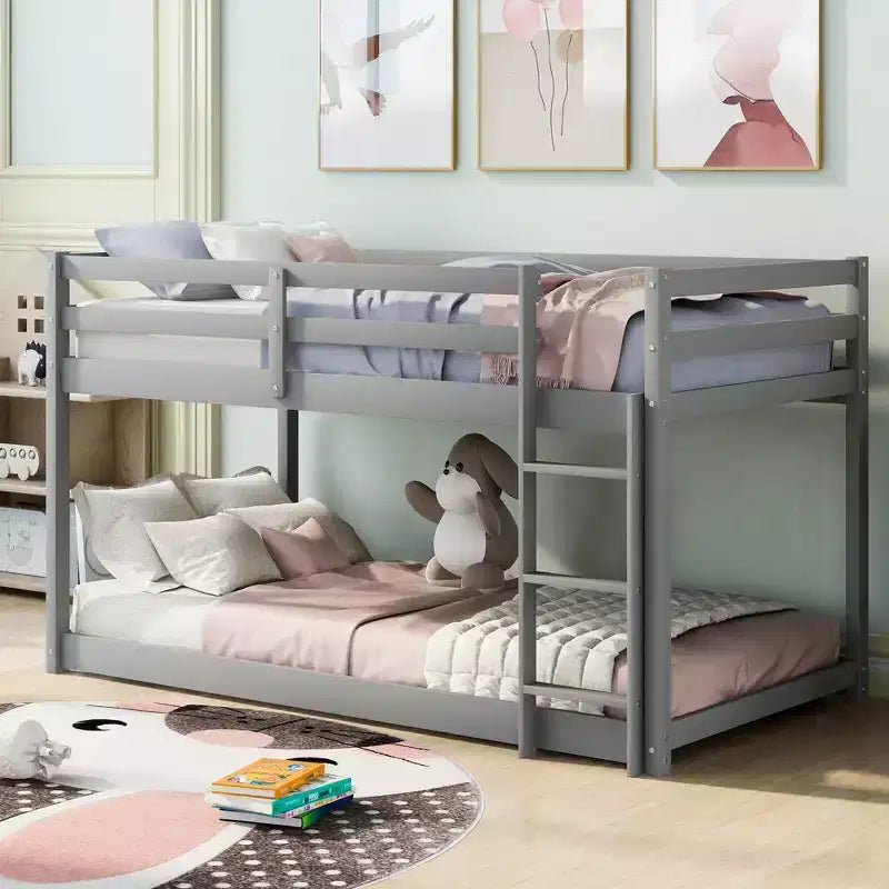 Letto a Castello in Legno Massello, da Terra, con Scaletta e Sponde di Sicurezza per Ragazzi Adulti, Telaio Basso, Mobili per Camera da Letto