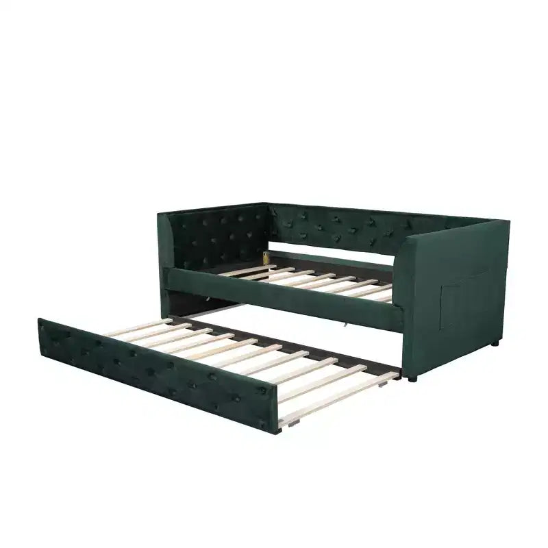 Divano Letto Singolo in Velluto con Letto Estraibile – Piattaforma Imbottita con Braccioli | Verde