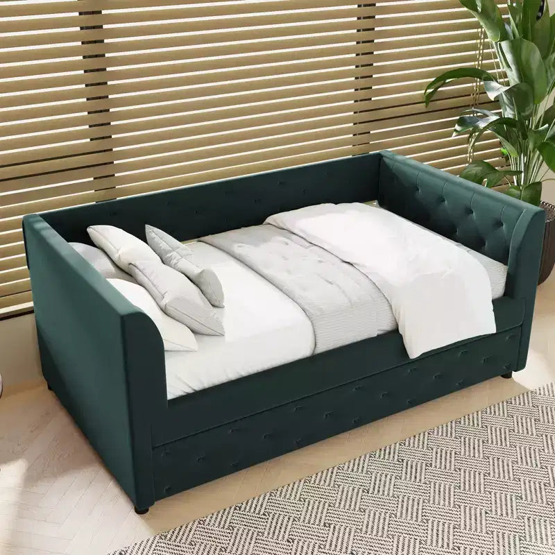 Divano Letto Singolo in Velluto con Letto Estraibile – Piattaforma Imbottita con Braccioli | Verde
