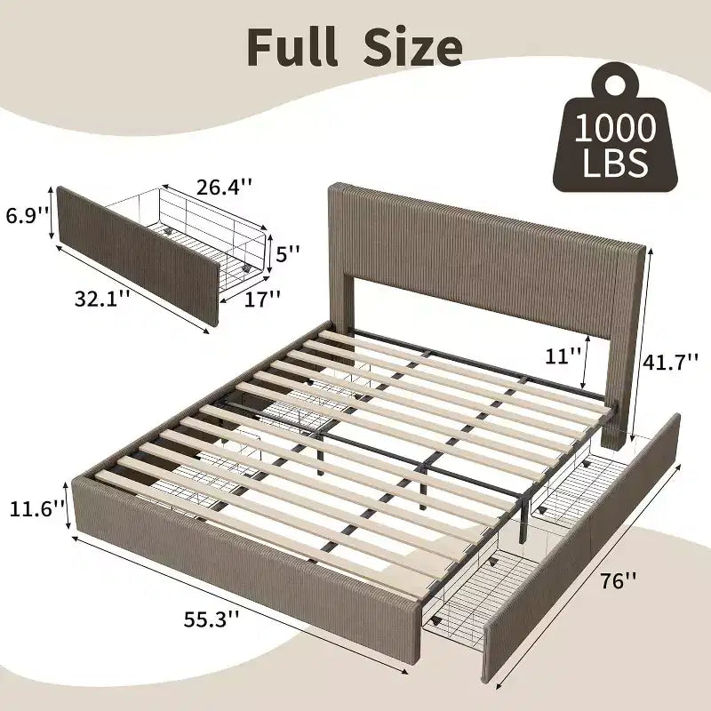 Giroletto imbottito in velluto a coste con 4 cassetti contenitore – Non necessita di rete a molle