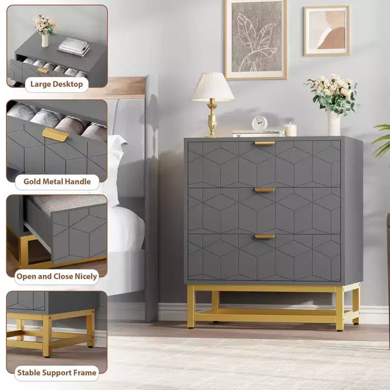 Cassettiera a 3 Cassetti in Legno con Gambe e Maniglie in Metallo Dorato – MDF Impermeabile, Antiribaltamento | Armadio e Comodino
