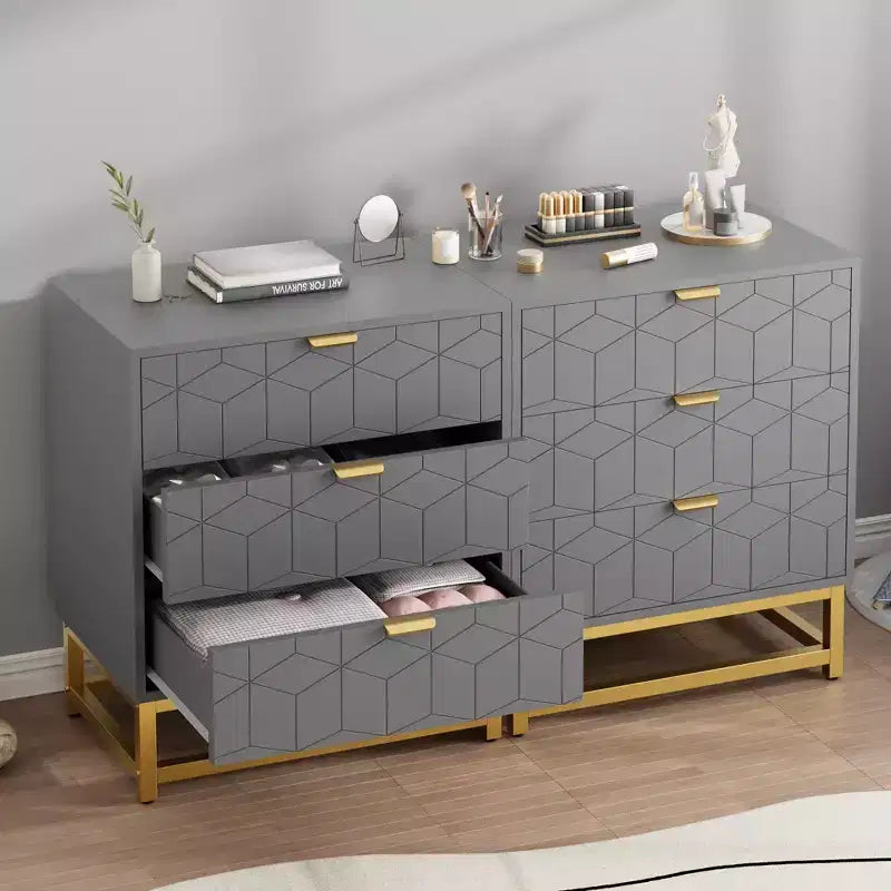 Cassettiera a 3 Cassetti in Legno con Gambe e Maniglie in Metallo Dorato – MDF Impermeabile, Antiribaltamento | Armadio e Comodino