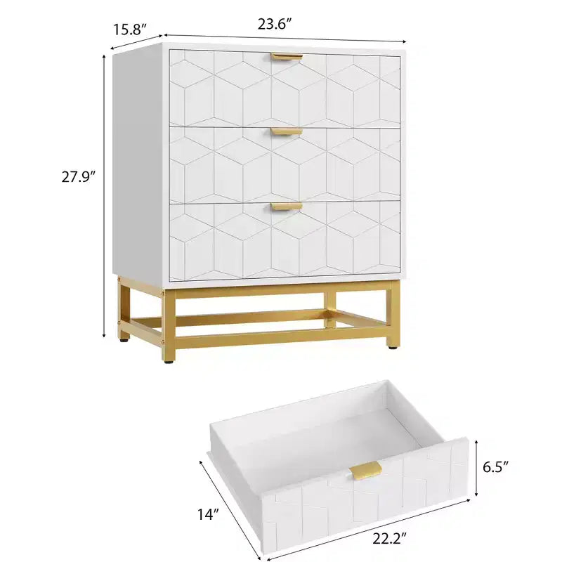 Cassettiera a 3 Cassetti in Legno con Gambe e Maniglie in Metallo Dorato – MDF Impermeabile, Antiribaltamento | Armadio e Comodino