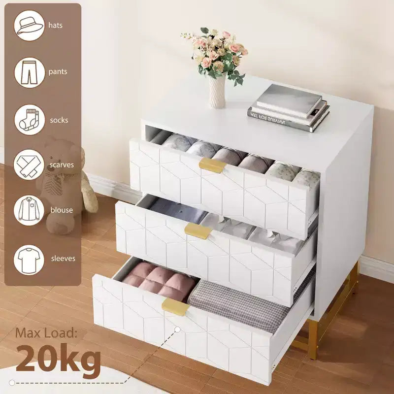 Cassettiera a 3 Cassetti in Legno con Gambe e Maniglie in Metallo Dorato – MDF Impermeabile, Antiribaltamento | Armadio e Comodino