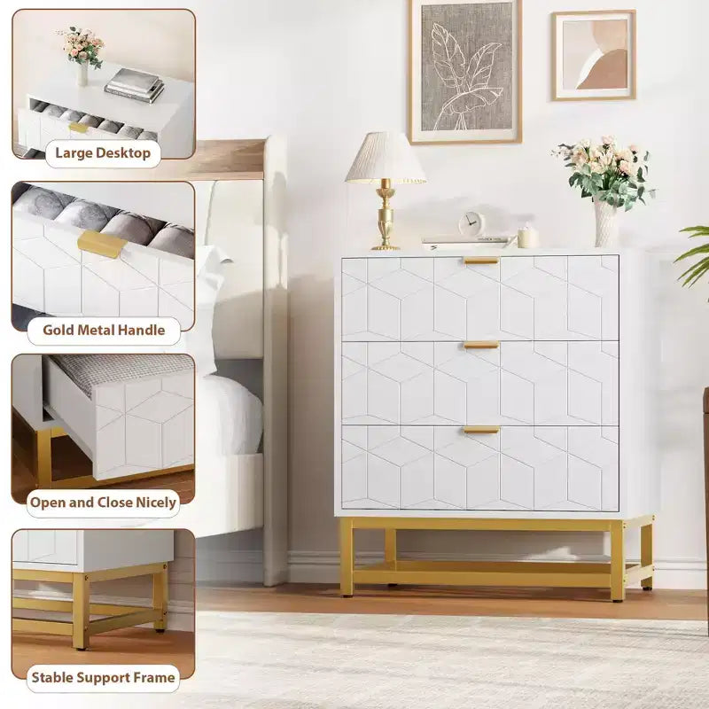Cassettiera a 3 Cassetti in Legno con Gambe e Maniglie in Metallo Dorato – MDF Impermeabile, Antiribaltamento | Armadio e Comodino