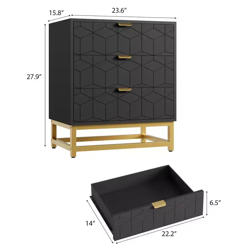 Cassettiera a 3 Cassetti in Legno con Gambe e Maniglie in Metallo Dorato – MDF Impermeabile, Antiribaltamento | Armadio e Comodino