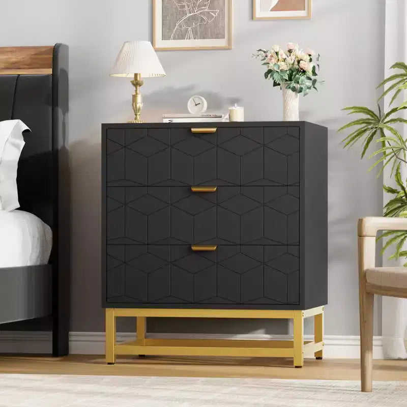 Cassettiera a 3 Cassetti in Legno con Gambe e Maniglie in Metallo Dorato – MDF Impermeabile, Antiribaltamento | Armadio e Comodino