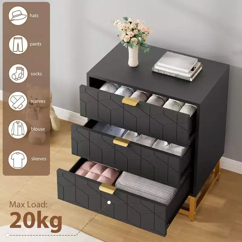Cassettiera a 3 Cassetti in Legno con Gambe e Maniglie in Metallo Dorato – MDF Impermeabile, Antiribaltamento | Armadio e Comodino