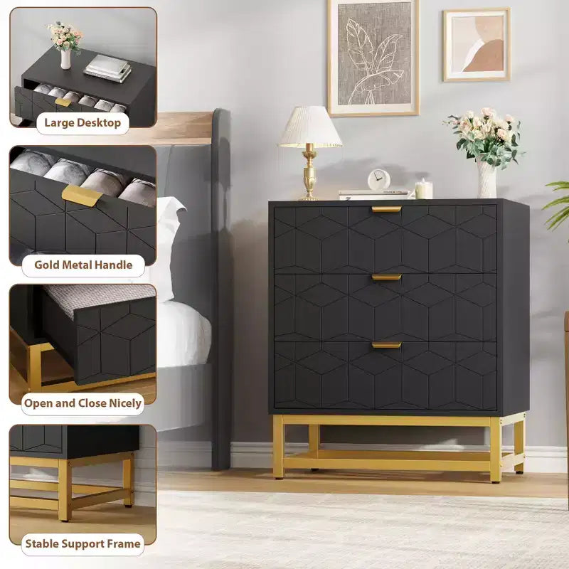 Cassettiera a 3 Cassetti in Legno con Gambe e Maniglie in Metallo Dorato – MDF Impermeabile, Antiribaltamento | Armadio e Comodino