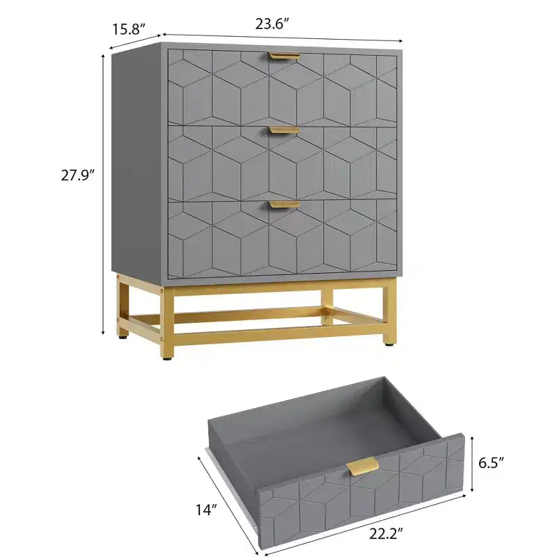 Cassettiera a 3 Cassetti in Legno con Gambe e Maniglie in Metallo Dorato – MDF Impermeabile, Antiribaltamento | Armadio e Comodino