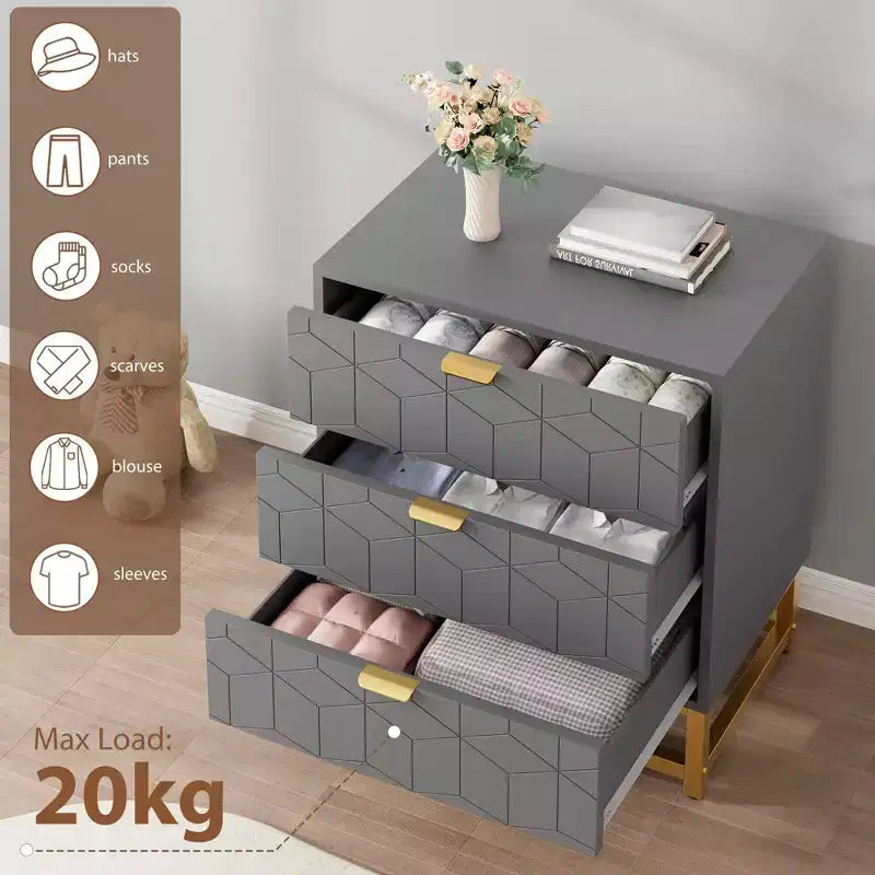 Cassettiera a 3 Cassetti in Legno con Gambe e Maniglie in Metallo Dorato – MDF Impermeabile, Antiribaltamento | Armadio e Comodino