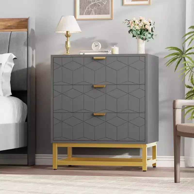 Cassettiera a 3 Cassetti in Legno con Gambe e Maniglie in Metallo Dorato – MDF Impermeabile, Antiribaltamento | Armadio e Comodino
