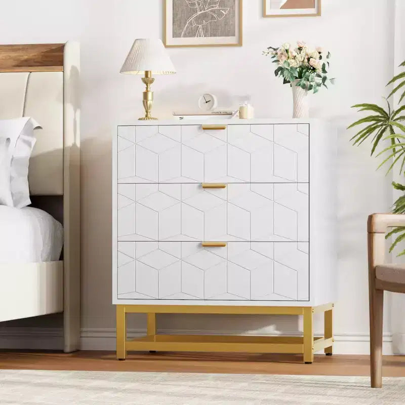 Cassettiera a 3 Cassetti in Legno con Gambe e Maniglie in Metallo Dorato – MDF Impermeabile, Antiribaltamento | Armadio e Comodino