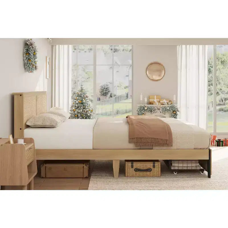 Struttura Letto Matrimoniale Queen Size con Testiera in Rattan Naturale e 2 Cassetti Contenitore – Capacità 500 kg, Nessun Box Spring