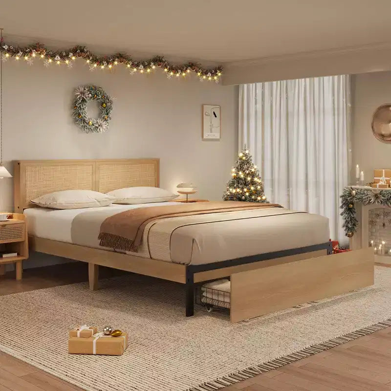 Struttura Letto Matrimoniale Queen Size con Testiera in Rattan Naturale e 2 Cassetti Contenitore – Capacità 500 kg, Nessun Box Spring