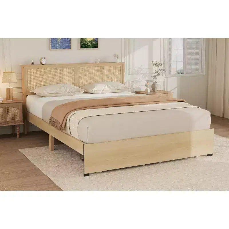 Struttura Letto Matrimoniale Queen Size con Testiera in Rattan Naturale e 2 Cassetti Contenitore – Capacità 500 kg, Nessun Box Spring