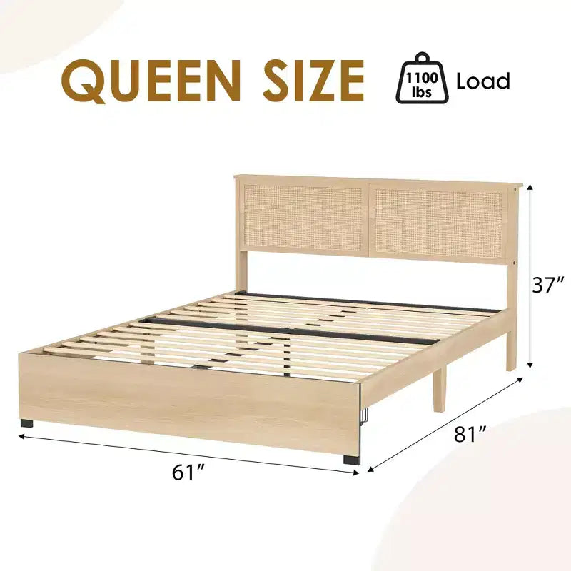 Struttura Letto Matrimoniale Queen Size con Testiera in Rattan Naturale e 2 Cassetti Contenitore – Capacità 500 kg, Nessun Box Spring