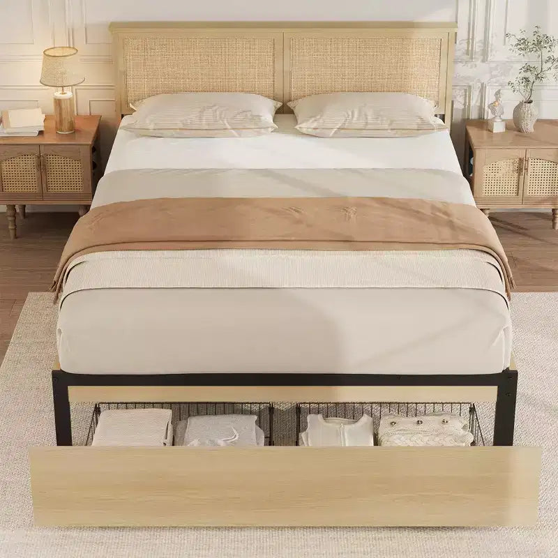 Struttura Letto Matrimoniale Queen Size con Testiera in Rattan Naturale e 2 Cassetti Contenitore – Capacità 500 kg, Nessun Box Spring