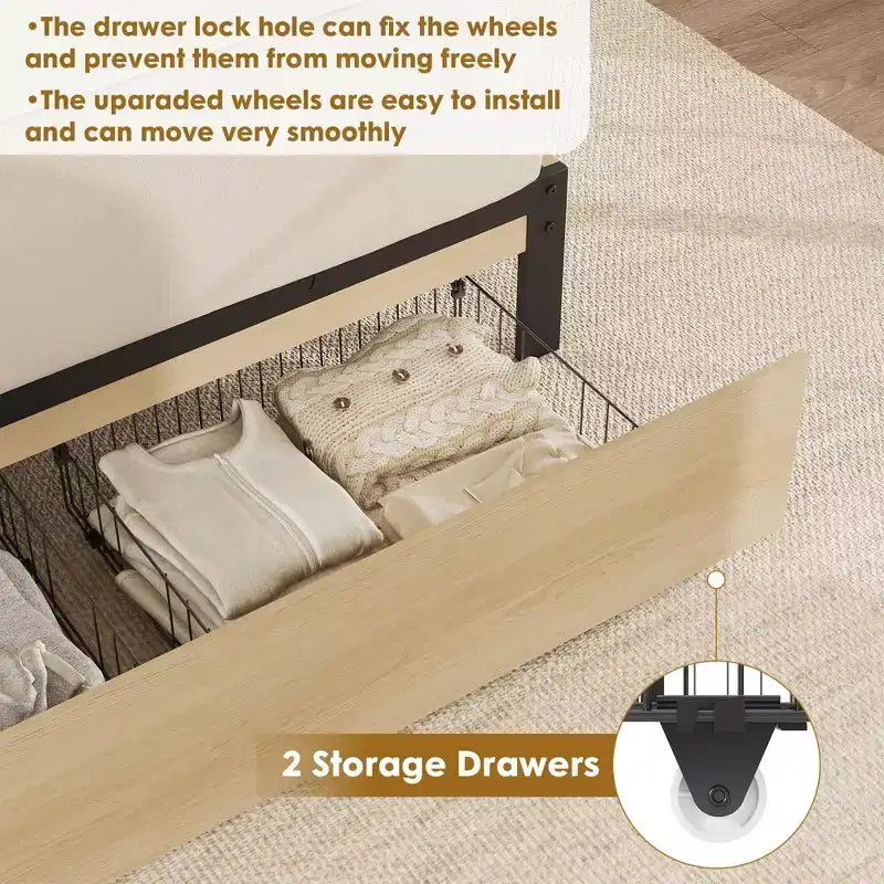 Struttura Letto Matrimoniale Queen Size con Testiera in Rattan Naturale e 2 Cassetti Contenitore – Capacità 500 kg, Nessun Box Spring