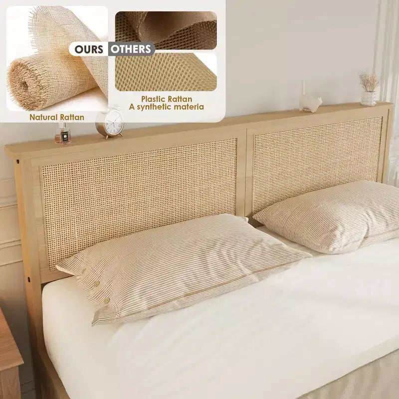 Struttura Letto Matrimoniale Queen Size con Testiera in Rattan Naturale e 2 Cassetti Contenitore – Capacità 500 kg, Nessun Box Spring