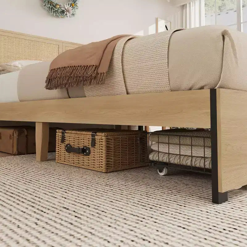 Struttura Letto Matrimoniale Queen Size con Testiera in Rattan Naturale e 2 Cassetti Contenitore – Capacità 500 kg, Nessun Box Spring