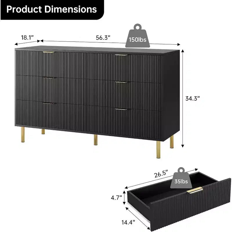 Cassettiera a 6 cassetti in legno con maniglie dorate – Mobile contenitore moderno per camera da letto, soggiorno e ingresso