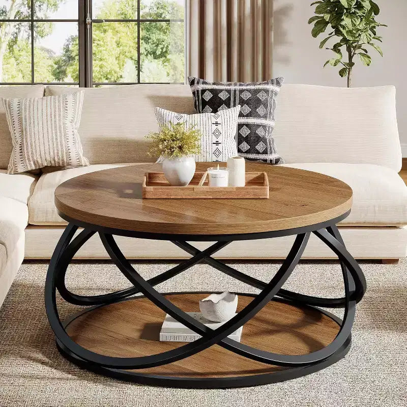 Lantine 2-Tier Round Coffee Table, 31.5 Circle Center Table, Wood Living Room Table with Storage Shelf for Small Space