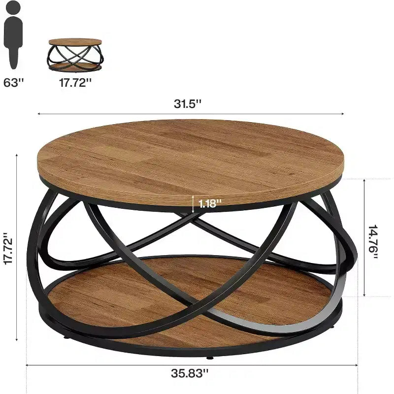 Tavolino rotondo a 2 ripiani da 80 cm - Piano in legno con struttura a croce in metallo, ripiano portaoggetti