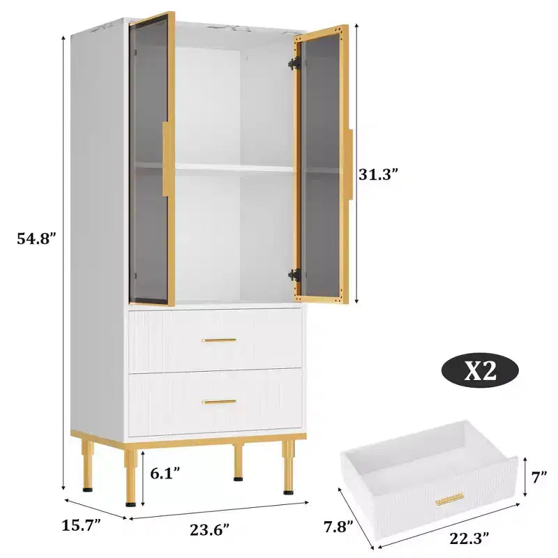 Mobile Contenitore con Ante in Vetro e 2 Cassetti – Credenza Moderna con Ripiani Regolabili