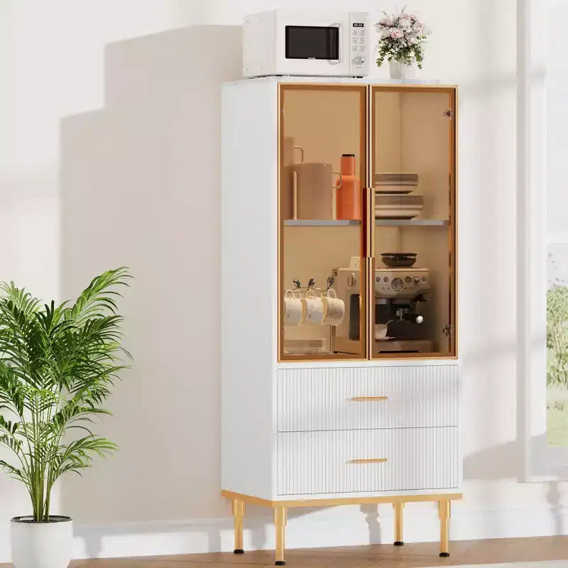 Mobile Contenitore con Ante in Vetro e 2 Cassetti – Credenza Moderna con Ripiani Regolabili