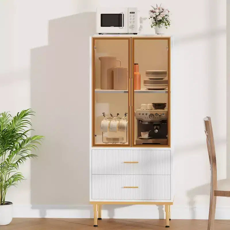 Mobile Contenitore con Ante in Vetro e 2 Cassetti – Credenza Moderna con Ripiani Regolabili