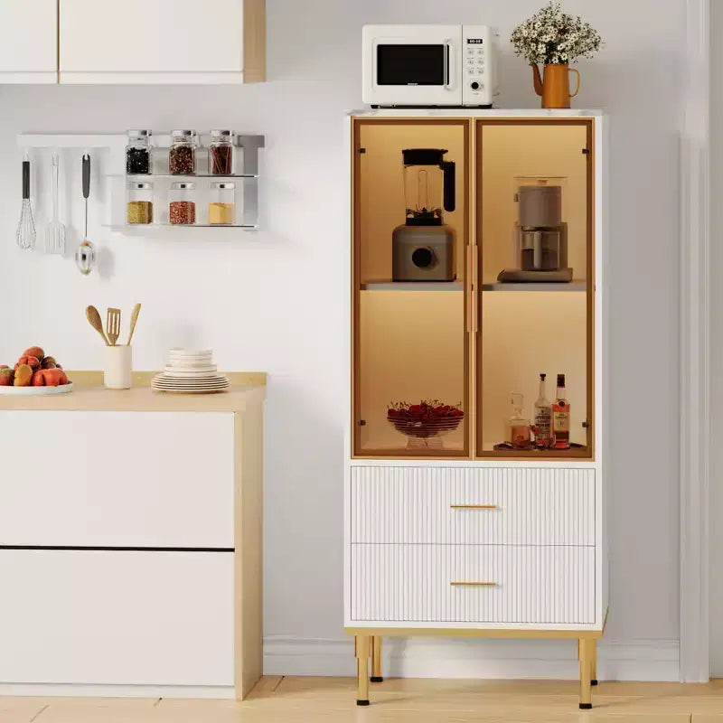 Mobile Contenitore con Ante in Vetro e 2 Cassetti – Credenza Moderna con Ripiani Regolabili