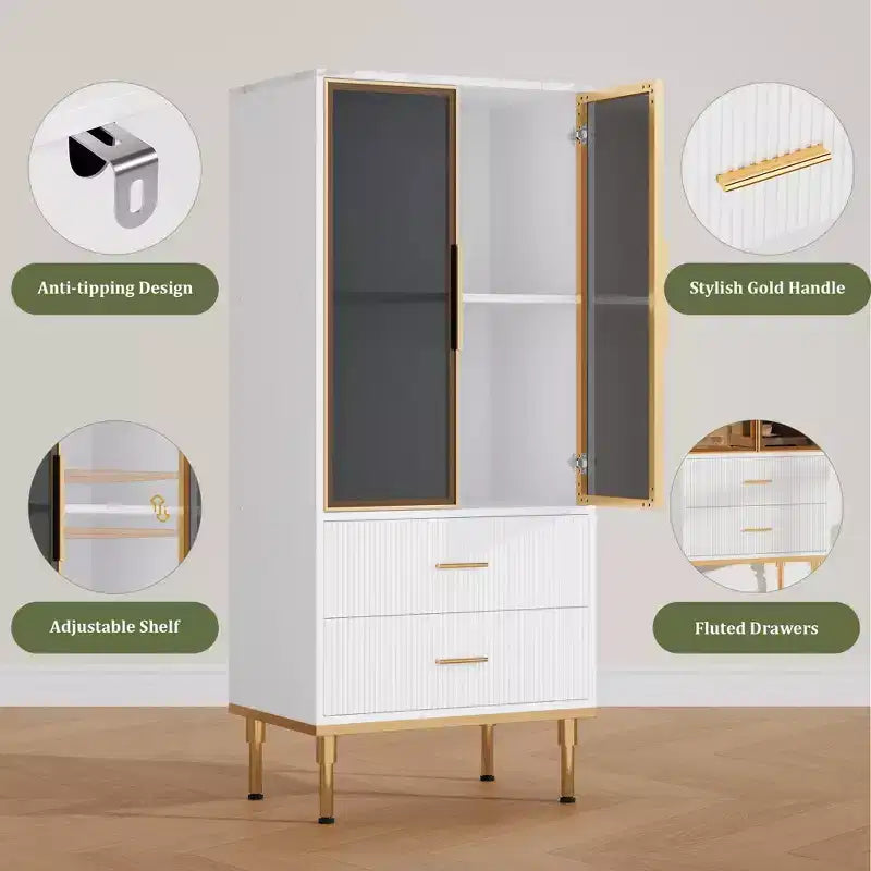 Mobile Contenitore con Ante in Vetro e 2 Cassetti – Credenza Moderna con Ripiani Regolabili