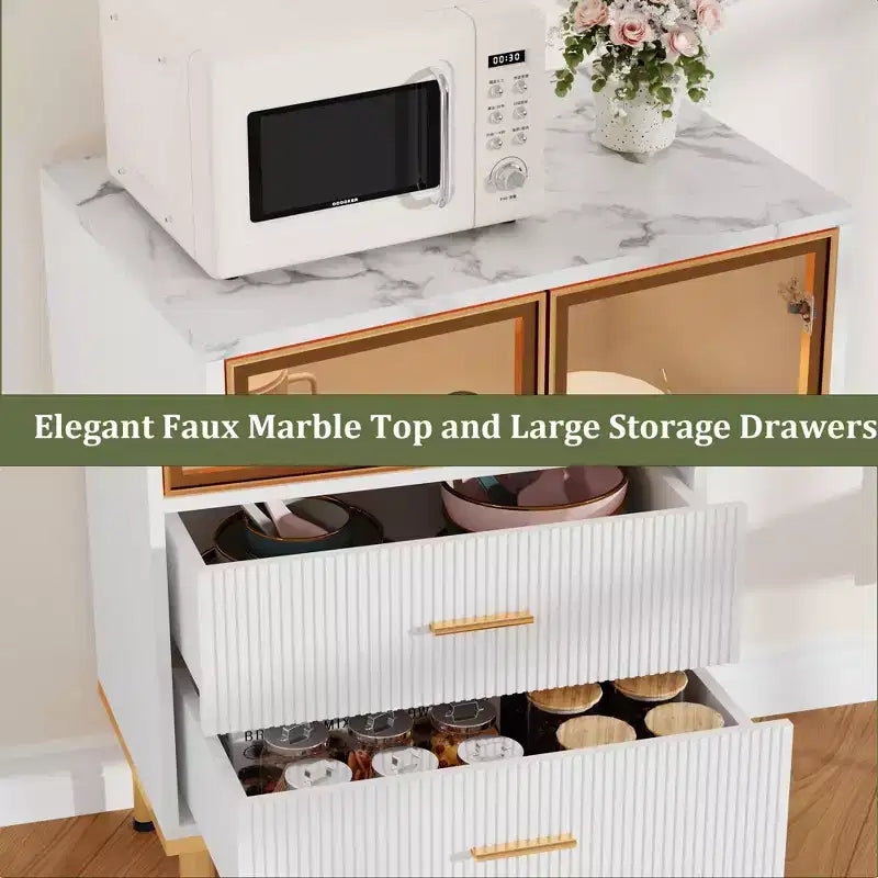 Mobile Contenitore con Ante in Vetro e 2 Cassetti – Credenza Moderna con Ripiani Regolabili