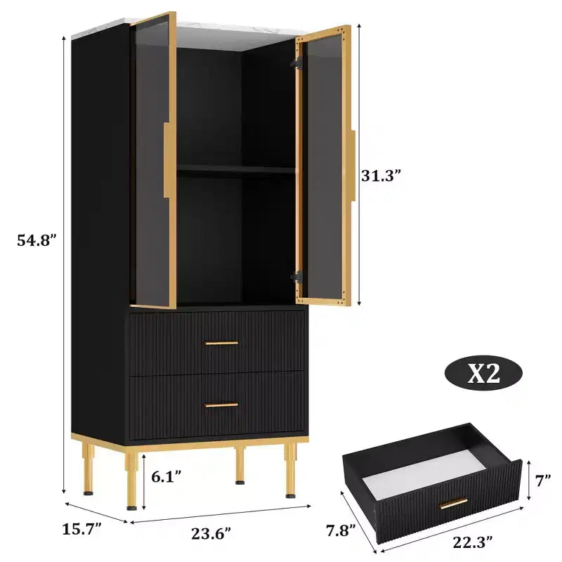 Mobile Contenitore con Ante in Vetro e 2 Cassetti – Credenza Moderna con Ripiani Regolabili