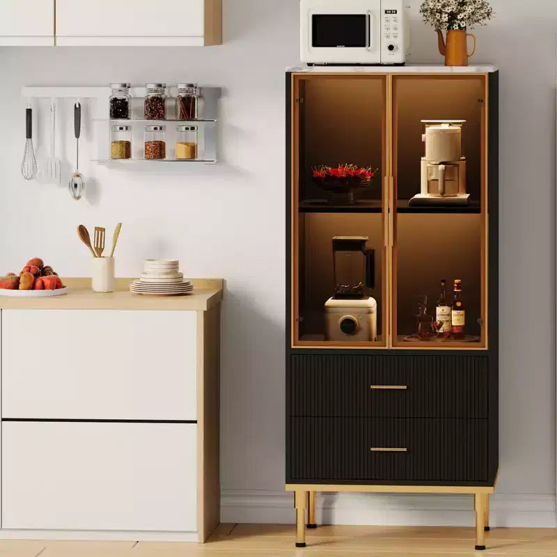 Mobile Contenitore con Ante in Vetro e 2 Cassetti – Credenza Moderna con Ripiani Regolabili