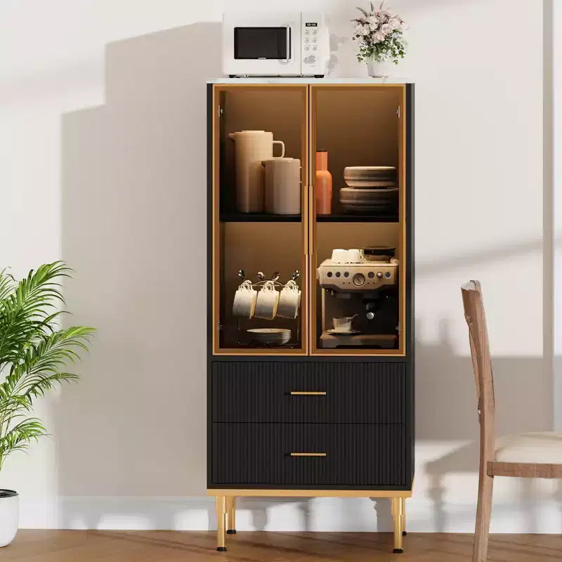 Mobile Contenitore con Ante in Vetro e 2 Cassetti – Credenza Moderna con Ripiani Regolabili