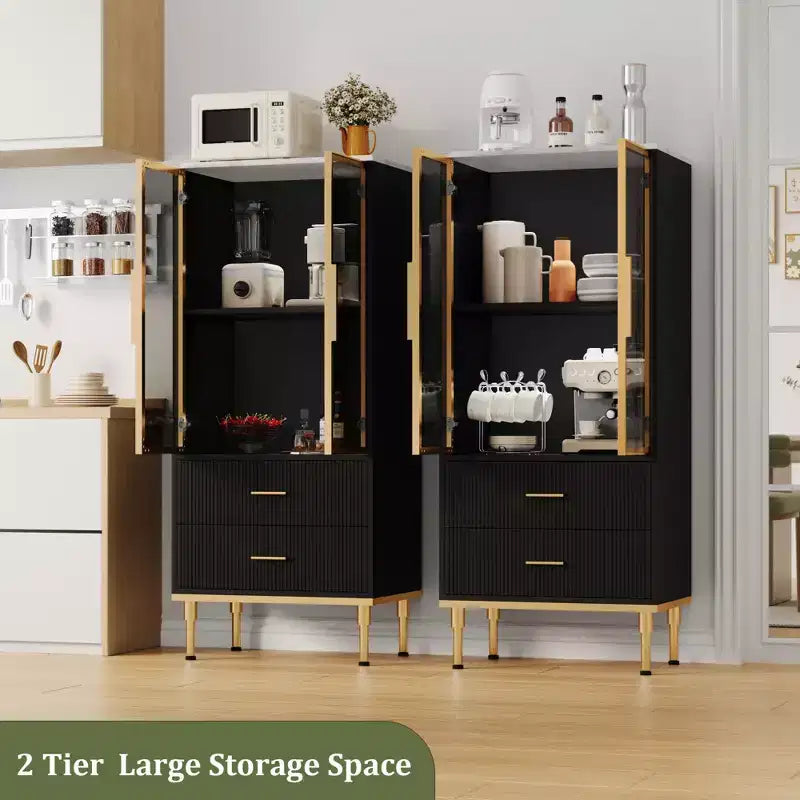 Mobile Contenitore con Ante in Vetro e 2 Cassetti – Credenza Moderna con Ripiani Regolabili