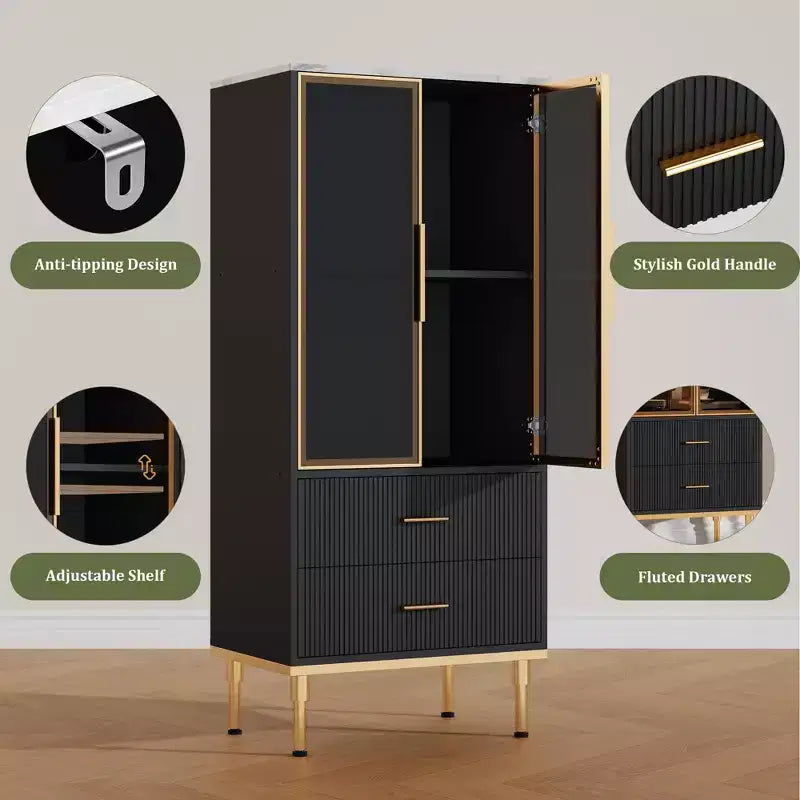 Mobile Contenitore con Ante in Vetro e 2 Cassetti – Credenza Moderna con Ripiani Regolabili