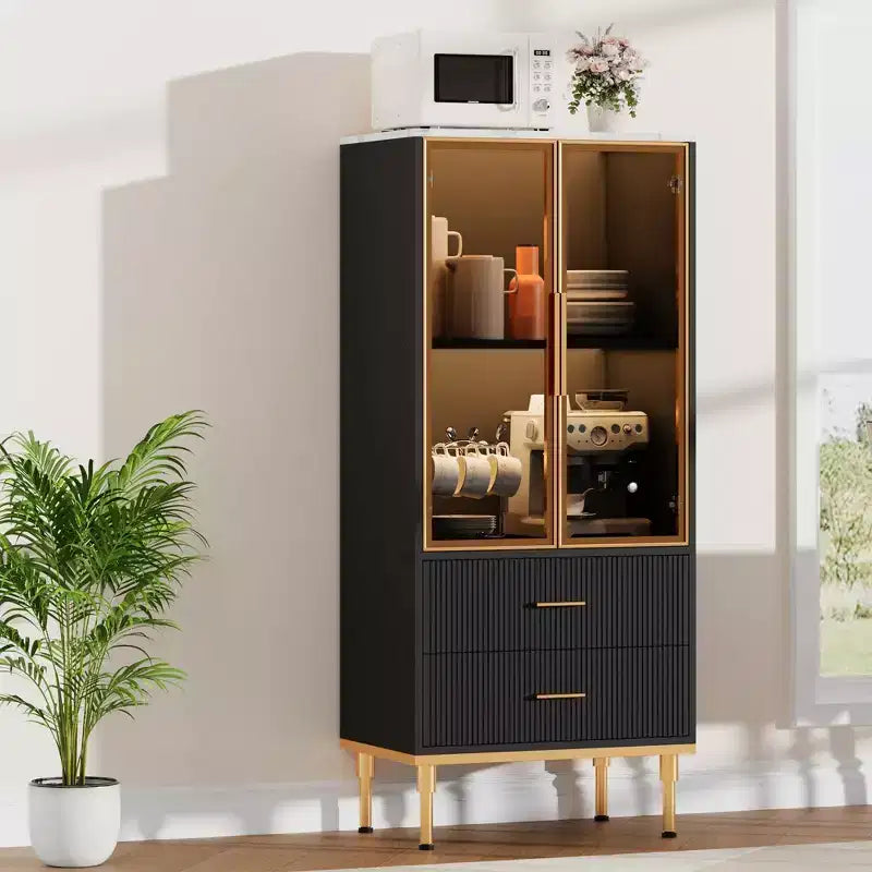 COZONY Fluted Storage Cabinet with Glass Doors & 2 Drawers, Modern Buffet Sideboard with Adjustable Shelves for Kitchen, Dining, Living Room